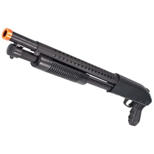 Airsoft Shotgun by S&T  Durable aluminum alloy barrel, magazine tube, and receiver Real wood grip and handguard Realistic shell ejecting action as seen in movies Terminator / Wild Cards Capable of firing 1-3 BBs at a time Smooth racking action